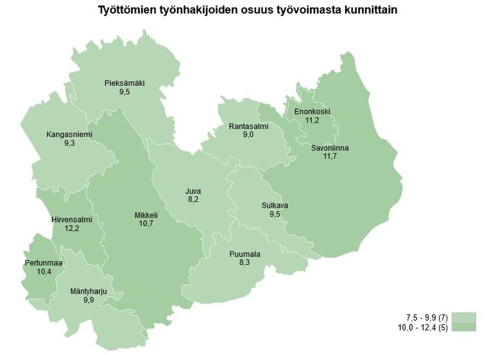 Karttakuva esittää työttömyysasteen kunnittain Etelä-Savossa