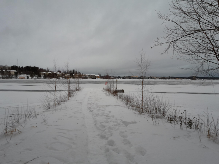 Talvinen kuva Pihjalavedeltä.  Keskellä näkyy  kulku-ura järvelle, taustalla vasemmalla on pieniä rakennuksia. Taivas on harmaa.