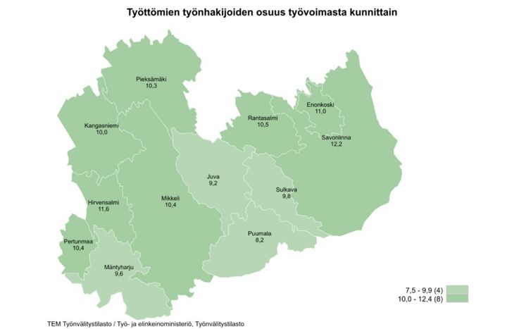 Kartassa esitetään Etel-Savon työttömien osuus kunnittain