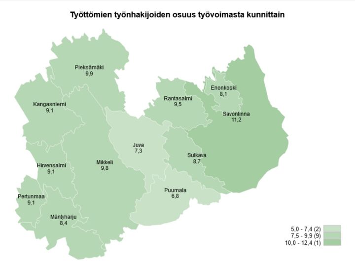 Kartta esittää työttömyysasteen eri Etelä-Savon kunnissa