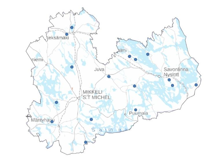 Etelä-Savon kartta, jolle on sijoitettu ELY-keskuksen avustamat vesistöhankkeet