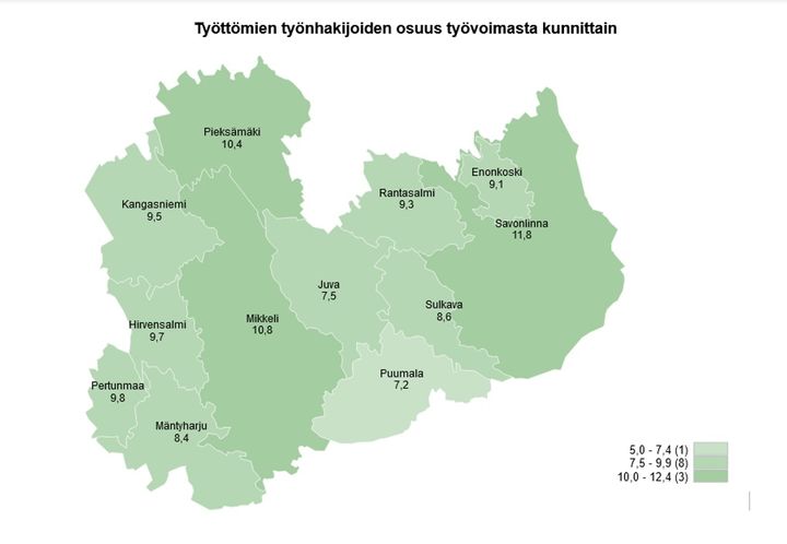 Kartalla esitettynä työttömyysaste eri kunnissa Etelä-Savossa