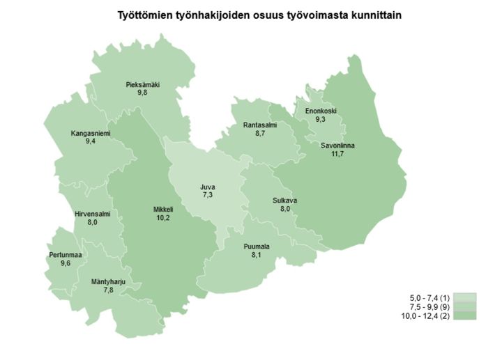 Kartta näyttää työttömien työnhakijoiden osuuden työvoimasta kunnittain Etelä-Savossa