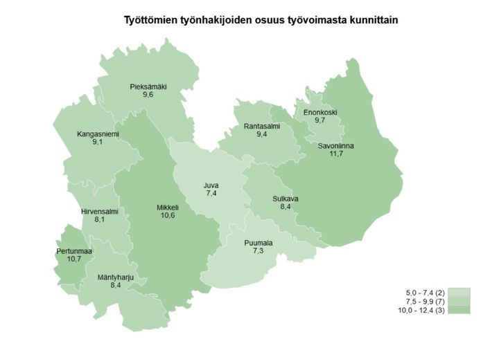 Työttömien työnhakijoiden osuus työvoimasta kunnittain Etelä-Savossa