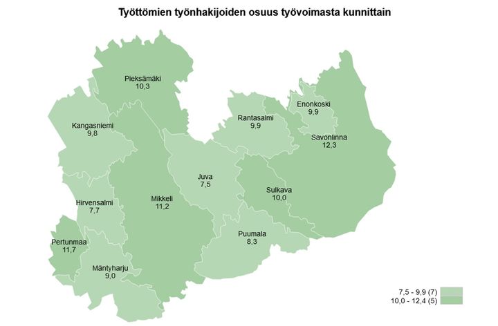 Kartta näyttää työttömyysasteen kunnittain Etelä-Savossa