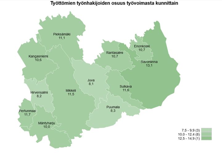 Etelä-Savon kuntien työttömyysaste kartalla