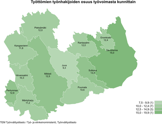 Kartta Etelä-Savosta, johon on merkitty työttömyysprosentti kunnittain