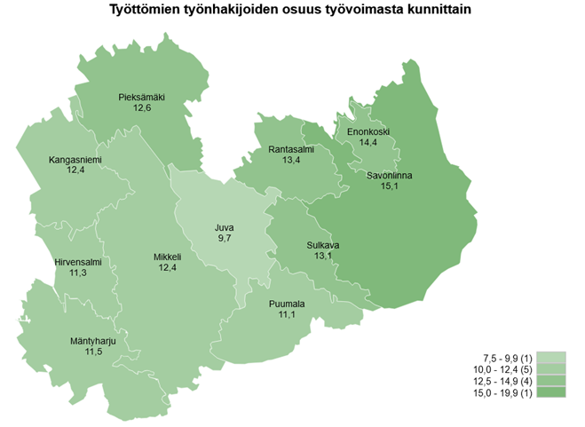 Kartta esittää työttömyysasteen kunnittain Etelä-Savossa tammikuussa 2025