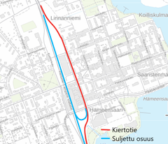 Kartta: Hämeenlinnan keskustan kiertotie suljetun tunnelin aikana. Kiertotie kulkee Kaivokatua pitkin pohjoiseen. Suljettu osuus merkitty.