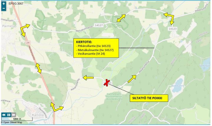 Kartta, jossa on esitetty työnaikainen kiertotie siltatyön vuoksi. Tiemerkinnät: Pitkänsillantie (tie 14123), Metsäkulmantie (tie 14127), Vesikansantie (tie 24).