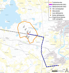 Karttakuva tuulivoima-alueen ja sähkönsiirtoreittien sijainnista.