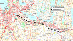 Kartta Lahden alueelta, joka näyttää nykyisen ja uuden eritasoliittymän sijainnit.
