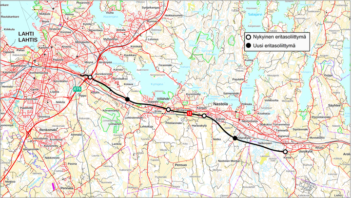 Kartta Lahden alueelta, joka näyttää nykyisen ja uuden eritasoliittymän sijainnit.