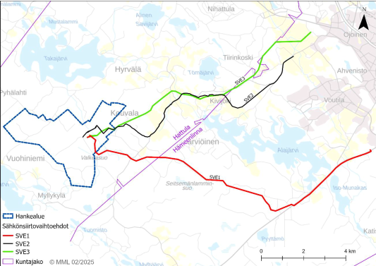 Hankealueen sijainti Hattulassa ja sähkönsiirtoreittien vaihtoehdot (Lähde: Hattulan Niinimäen tuulivoimahankkeen YVA-selostus)