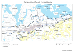 Kartta pohjavesialueista Taavetin alueella, mukana maanteitä ja järviä. Alueet korostettu eri värein ja viivatyyppein. Mukana paikkakuntia, kuten Luumäki ja Kouvola.