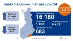 Infografiikkakuva, jossa kerrotaan marraskuun 2024 työllisyystilanteesta Kaakkois-Suomessa.