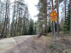 Varoitusmerkki tiellä, jossa lukee "Kelikko 4 km". Metsäinen ympäristö kummallakin puolella tietä.