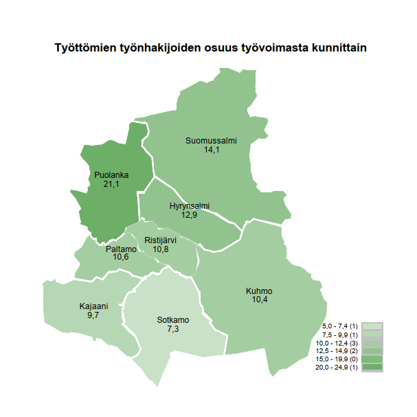 Karttakuva, jossa Kainuun maakunta jaoteltuna kunta-alueisiin. Jokaisen kunnan kohdalla näkyy prosentteina työttömien työnhakijoiden määrä Kainuussa huhtikuussa 2024. Kajaanissa työttömien työnhakijoiden osuus oli 9,7 %, Sotkamossa 7,3 %, Kuhmossa 10,4 %, Paltamossa 10,8 %, Ristijärvellä 10,8 %, Hyrynsalmella 12,9 %, Puolangalla 21,1 % ja Suomussalmella 14,1 %.