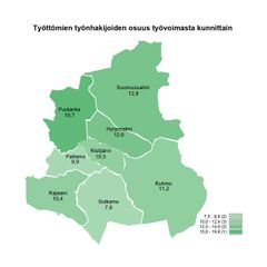 Kartta, joka näyttää työttömien työnhakijoiden osuuden työvoimasta Kainuun kunnissa marraskuussa 2024. Eri kunnat ovat värjätty eri vihreän sävyillä prosenttiosuuksien mukaan.