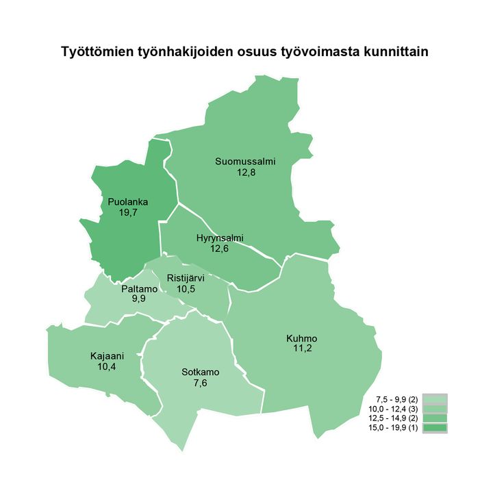 Kartta, joka näyttää työttömien työnhakijoiden osuuden työvoimasta Kainuun kunnissa marraskuussa 2024. Eri kunnat ovat värjätty eri vihreän sävyillä prosenttiosuuksien mukaan.