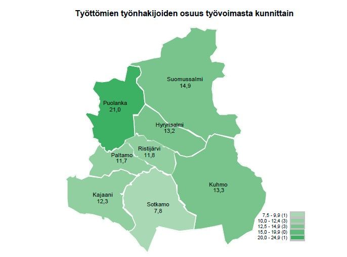 Kartta Kainuun kunnista, jotka on värikoodattu työttömien työnhakijoiden osuuden mukaan. Puolangan osuus on suurin, 21%. Väriskaala vaihtelee 7,5%:sta 21%:iin.