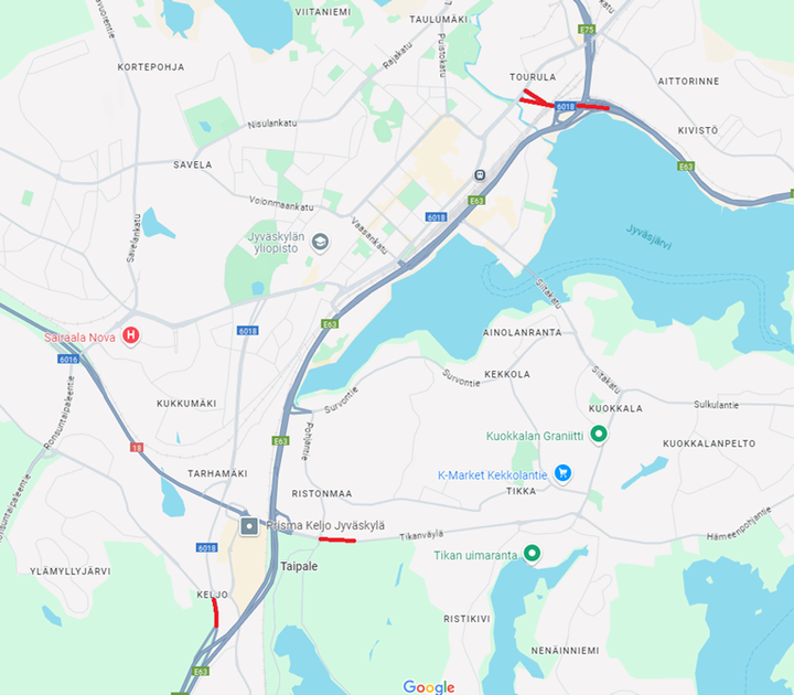 Työmaiden sijainnit on merkitty karttaan punaisella. Kartta: Google Maps
