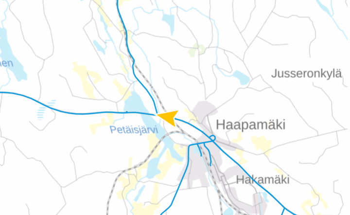 Sortumapaikka merkittynä karttaan keltaisella nuolella. Kartta: Maanmittauslaitos