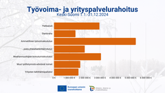 Kaavio, joka näyttää eri työvoima- ja yrityspalvelurahojen jakautumisen Keski-Suomessa vuodelle 2024. Suurimman määrän saa ammatillinen työvoimakoulutus. Mukana logot: ELY-keskus ja EU:n lippu tekstillä Euroopan unionin osarahoittama.