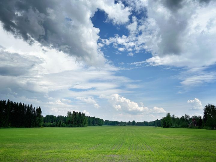 suomalainen pelto ja pilvinen taivas