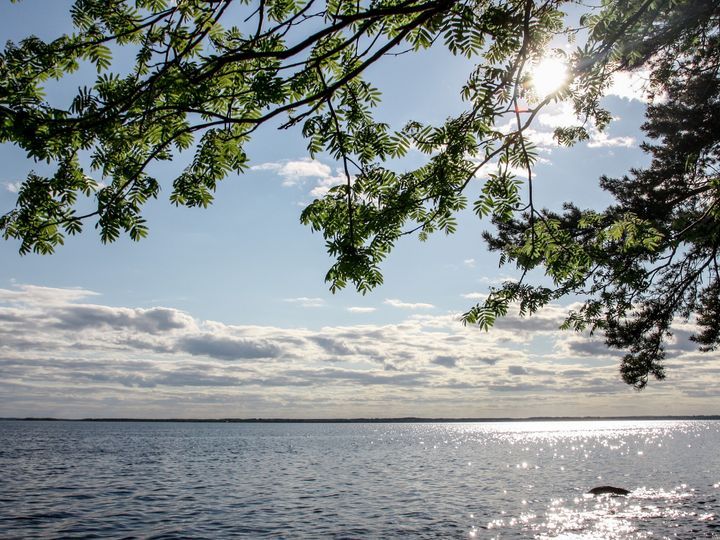 järvi, jonka pinta kimaltelee auringonvalosta