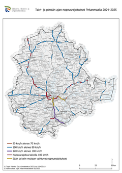 Talvi- ja pimeän ajan nopeusrajoitukset Pirkanmaalla 2024-2025.