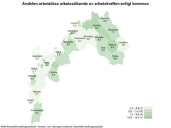 Kartabild med Andelen arbetslösa arbetssökande av arbetskraften enligt kommun