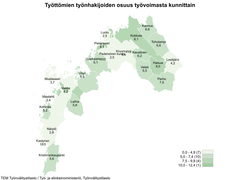 Karttakuva, jossa esitettynä työttömien työnhakijoiden osuus työvoimasta kunnittain