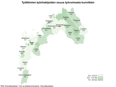 Karttakuva, joka osoittaa työllisyyden kunnittain. Info löytyy tekstinä työllisyyskatsauksesta.