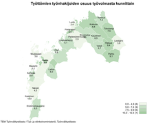 Karttakuva, jossa työttömien työnhakijoiden osuus työvoimasta kunnittain.