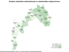 Kartabild med antalet arbetslösa arbetssökande av arbetskraften enligt kommun