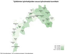 Työttömien työnhakijoiden osuus työvoimasta kunnittain joulukuussa 2024.