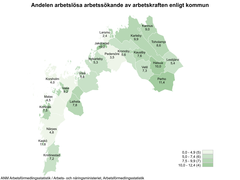 Antalet arbetslösa arbetssökande av arbetskraften enligt kommun.