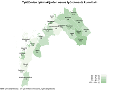 Työttömien työnhakijoiden osuus työvoimasta kunnittain