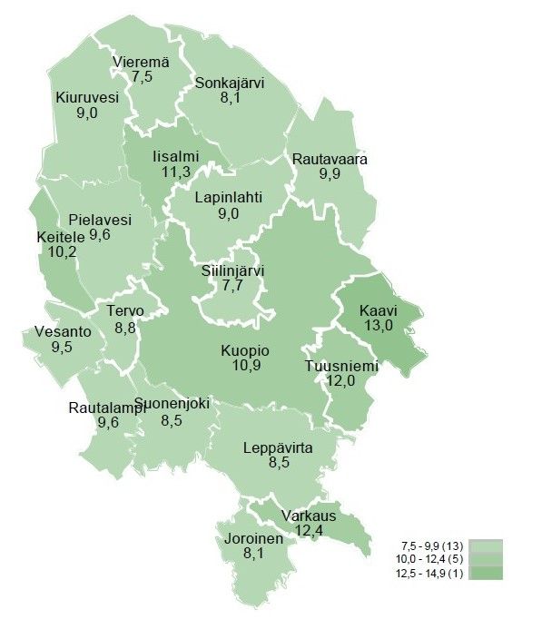 Työttömien työnhakijoiden osuus työvoimasta kunnittain.