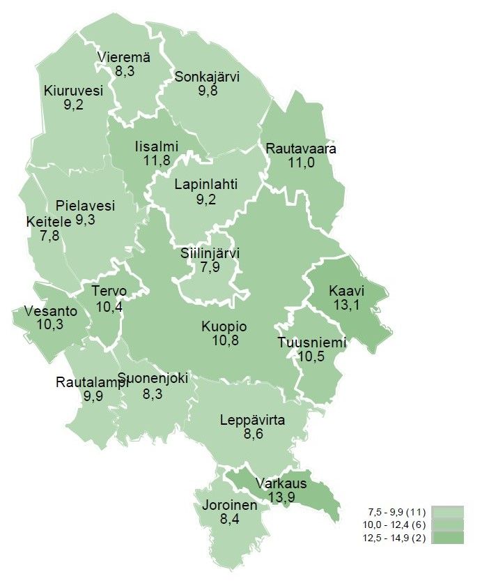 Työttömien työnhakijoiden osuus työvoimasta kunnittain lokakuussa Pohjois-Savossa.