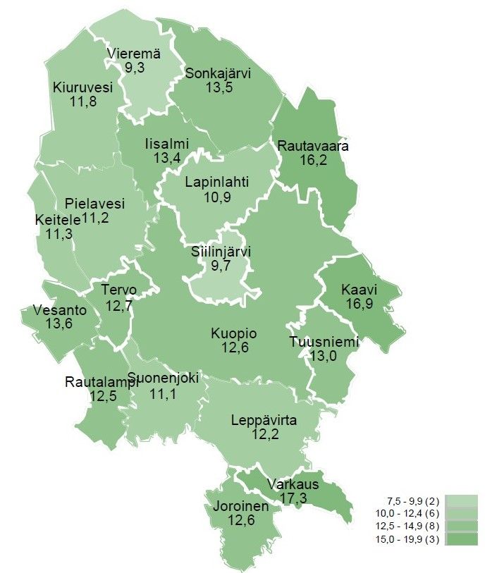 Työttömient työnhakijoiden osuus kunnittain Pohjois-Savossa tammissa 2025.