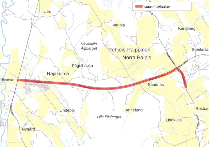 Karta som visar planeringsområdet markerat i rött från Sipoontie till Rajakulma.