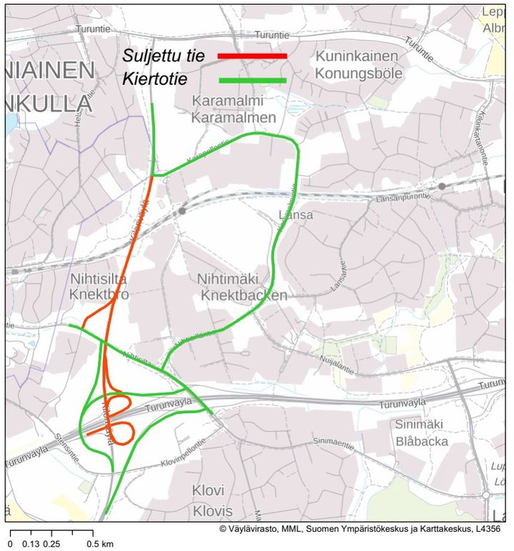 Kartta Hiidenkallion tunnelin kiertotiestä. Suljettu tie merkitty punaisella ja kiertotie vihreällä.