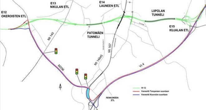 Karta om omvägen för Liipolas och Patomäkis tunnlar.
