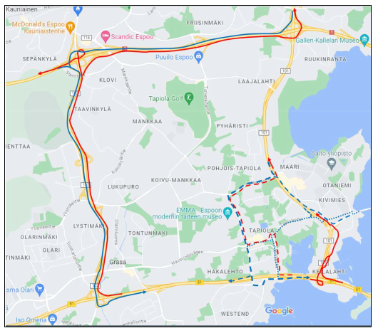 Kartta, jossa näkyy Keilaniemen tunnelin varareitti.