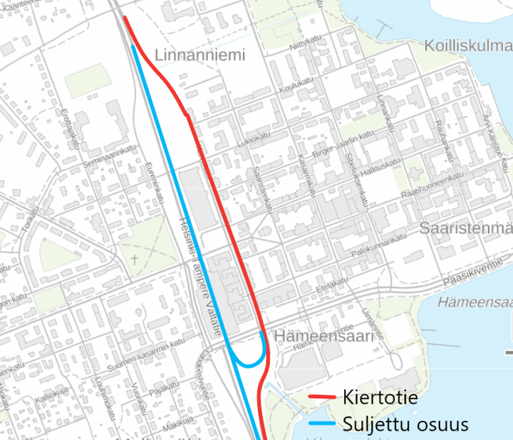 Kartta Hämeenlinnasta, jossa tunnelin sulun aikainen kiertotie pohjoiseen kulkee Kaivokatua pitkin.