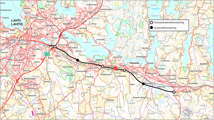 Karta som visar ett planeringsområde med markerade rutter och anslutningspunkter.