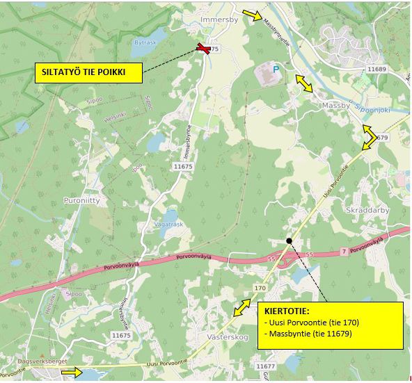 Kartta, jossa on työnaikainen kiertotie ja merkintöjä siltatyöstä.