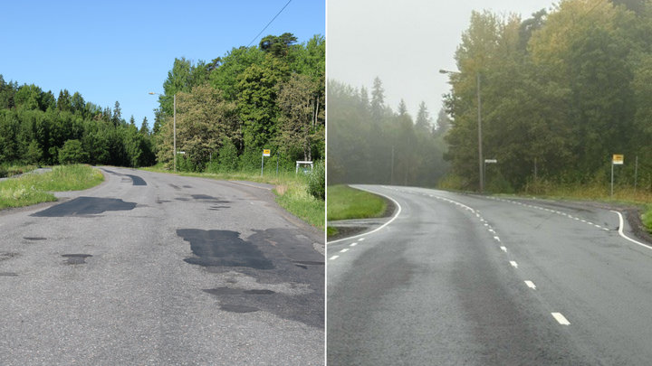 Tie 12157 Turun Hirvensalossa ennen ja jälkeen päällystystöiden.